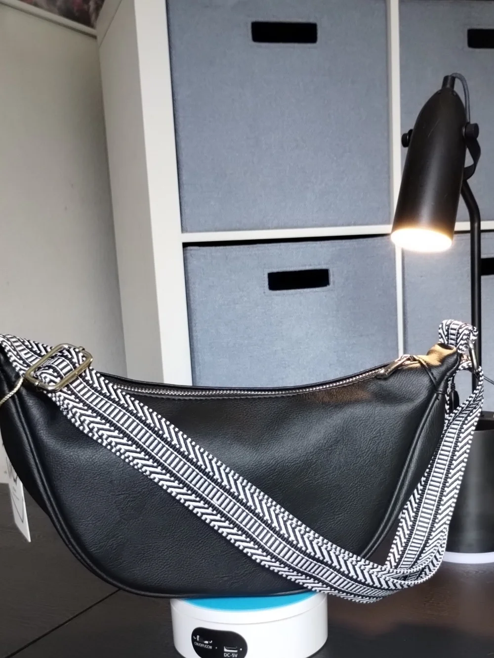 Black Vegan Leather Shoulder Bag with Patterned Strap